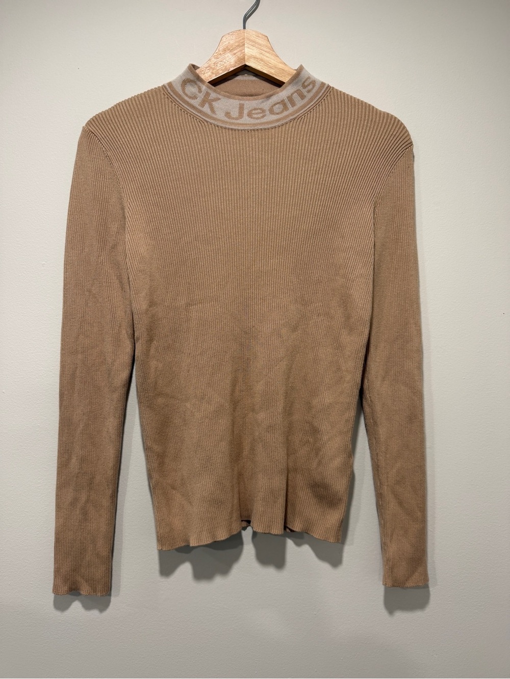 Calvin Klein Jeans women’s  Tan Ribbed Mock Neck Sweater
